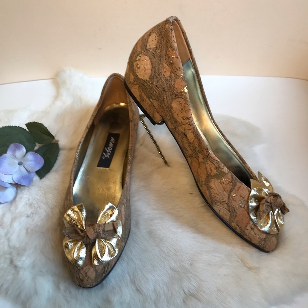 Vintage 80s Cork Ballet Flat Gold Bow 8m Taupe Tan